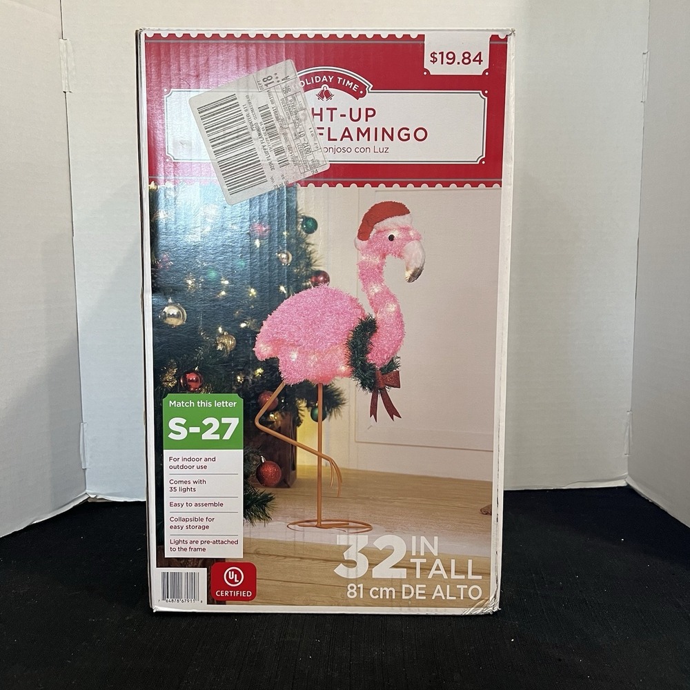 Holiday Time 32in Light-Up Fluffy Flamingo Christmas Outdoor Decor 35 Lights NEW